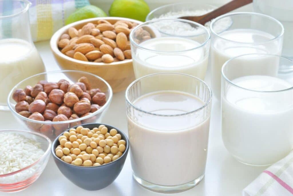 A selection of plant based milk and bowls of nuts - geografika  - 123RF