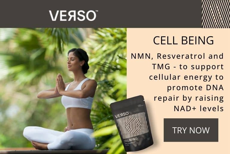Verso Cell Being is a synergistic mix of molecules that supports cellular energy to promote DNA repair and maintain metabolic homeostasis by raising NAD+ levels