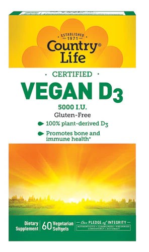 Country Life Vegan D3 Gluten Free 5000 IU - 60 Vegetarian Softgels